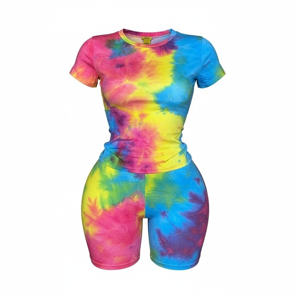 New Large Gay Pride Tie Dye Rainbow Summer Bike Short Tee Set Outfit Colorful